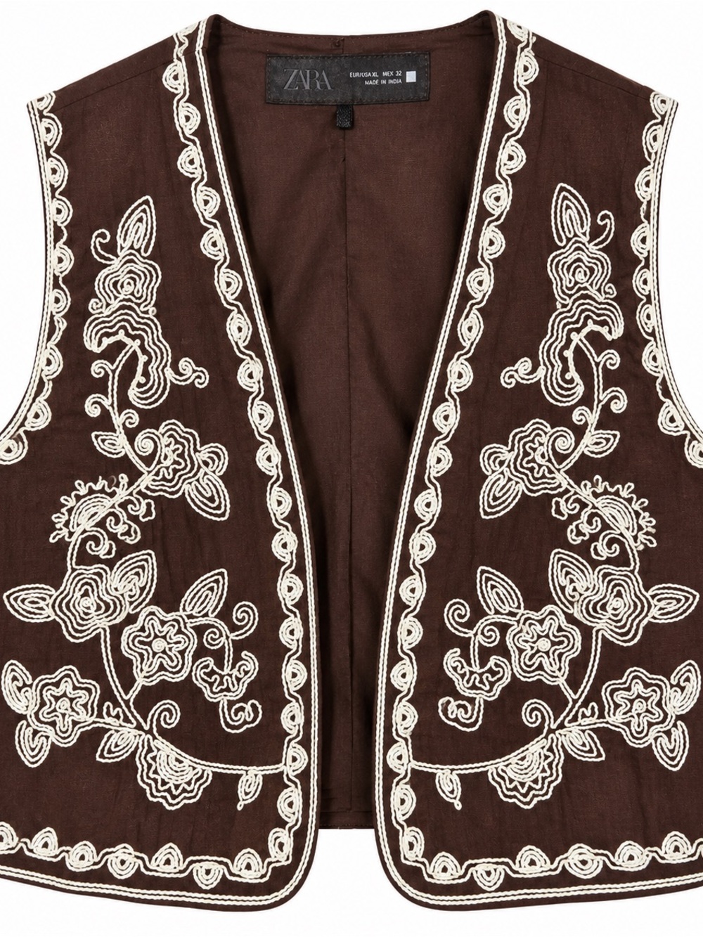 Zara Brown Embroidered Boho Vest Size XL